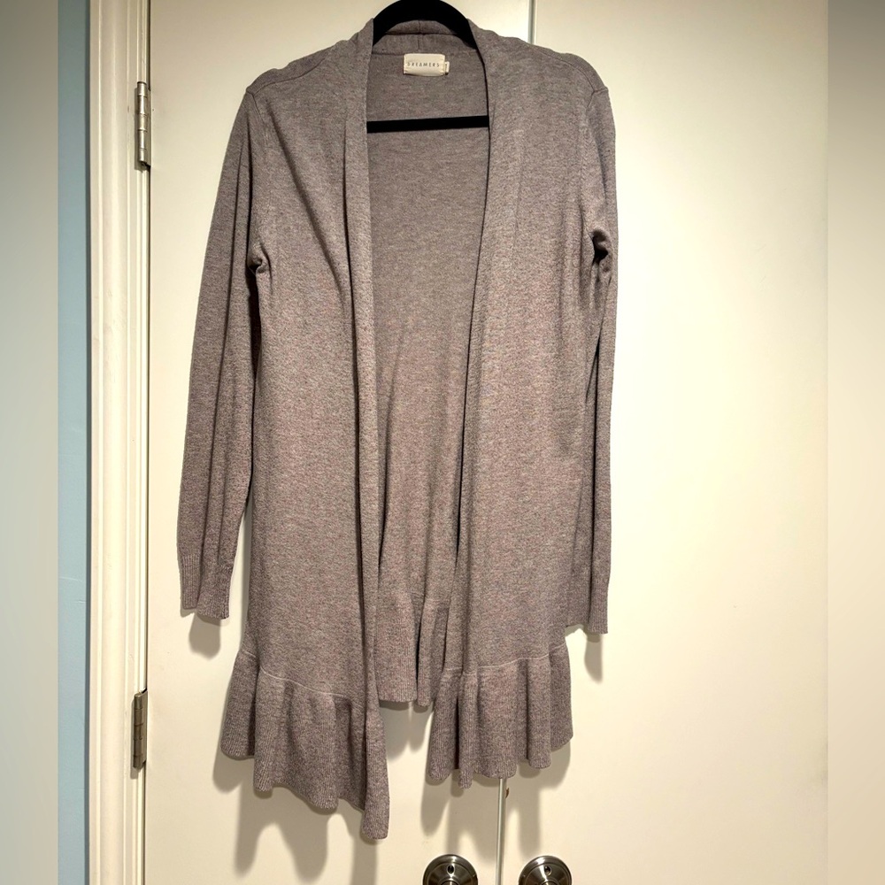 Open front long Cardigan Sweater with ruffle hem
